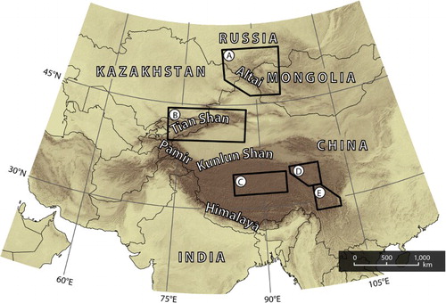 Figure 1. Location of the mapped area and previously published glacial geomorphological maps from Central Asia and the Tibetan Plateau. (A) Altai and Western Sayan Mountains (Fig. 2; this study). (B) Tian Shan (CitationStroeven et al., 2013), (C) Tangula Shan (CitationMorén et al., 2011), (D) Bayan Har Shan (CitationHeyman et al., 2008), and (E) Shaluli Shan (CitationFu et al., 2012).