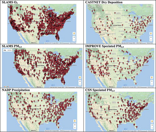 Figure 4. Examples of monitoring locations for selected pollutants from long-term continental U.S. networks. More specific maps by pollutant and location are available online (CIRA, Citation2017; EPA, Citation2017c).
