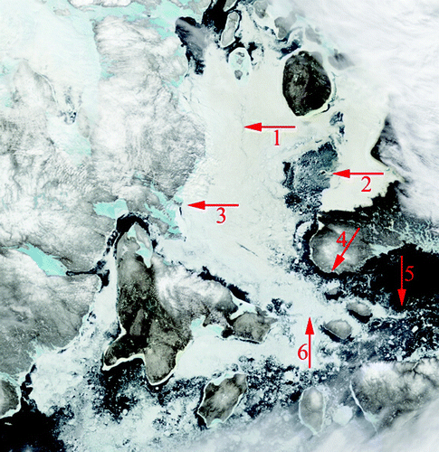 Fig. 8 Satellite image taken 20 June 2002 over Foxe Basin and its surrounding parts (copyright NASA, Citation2008). The significance of the arrows is given in Section 4.a.