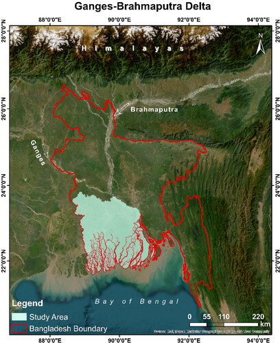Figure 1. Map of GBD showing the aerial view of the study area. The Ganges-Brahmaputra river system is also visible on the map.