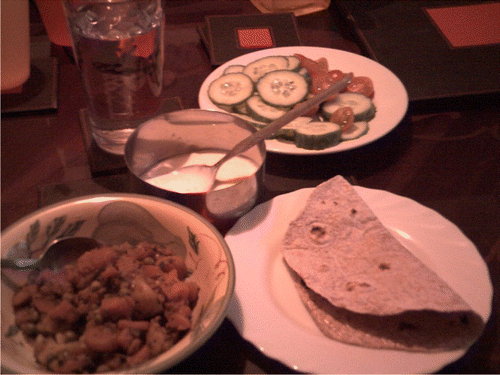 Figure 5. Jayanti’s photograph of a vegetarian family meal: ‘lentil curry and bits’.