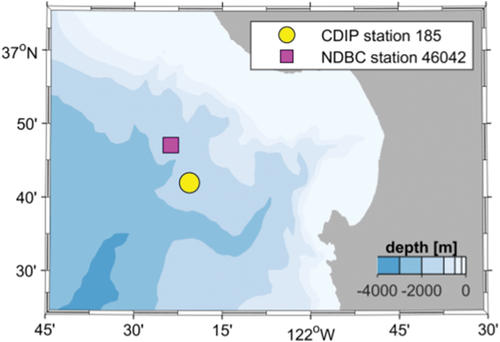 Figure 3. Data stations used in this study, located offshore of Monterey Bay. The buoys are separated by approximately 11 km.