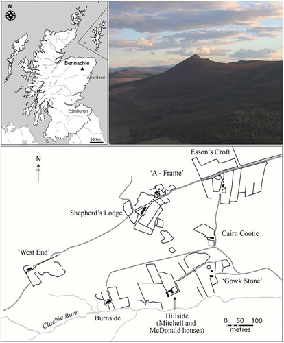 Figure 1. Location of the Colony with a plan of its layout on the lower slopes of Bennachie.