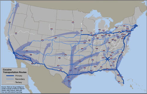Figure 3. Routes for cocaine flows across the US; Source: (USDOJ, Citation2011).