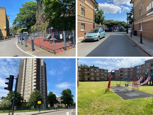 Figure 1. Examples of threshold spaces outside of the children's homes (clockwise from top left: playspace and road next to Ashok's home; roadspace and courtyard outside Rafya's home; road and public space next to Simon's block of flats; playspace outside Zaidee's home).