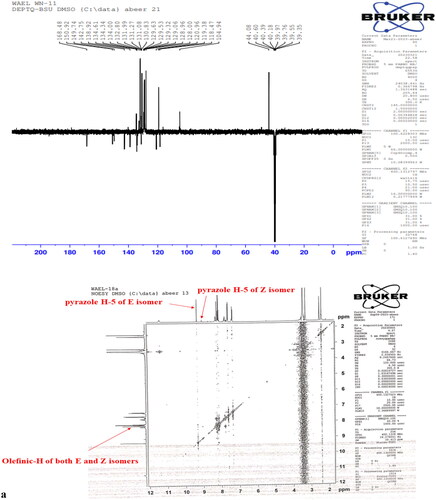 Figure 3. (a) 2D NOESY H1NMR of compounds 18a showing correlation between the pyrazole H-5 and olefinic proton of each geometrical isomer, (b) 2D NOESY H1NMR of compounds 18d showing correlation between the pyrazole H-5 and olefinic proton of each geometrical isomer, (c) 2D NOESY H1NMR of compounds 18g showing correlation between the pyrazole H-5 and olefinic proton of each geometrical isomer.