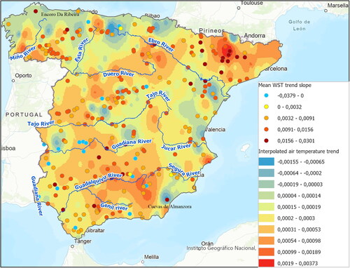 Figure 9. Daily mean air temperature trend interpolation (hatch) in peninsular Spain and significative WST mean slope for each water body (points). Only water bodies with more than 60% of pixels with significant slope are shown.