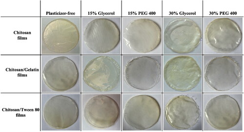 Figure 1. Pictures of LNZ-loaded bio-composite films using different plasticizer types and concentrations.