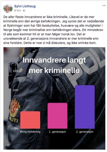 Figure 3. Sylvie Listhaug, Facebook post.