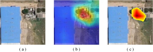 Figure 7. Boundary delineation of solid waste sites. (a) remote sensing image patch; (b) image patch overlayed with CAM; and (c) boundaries of solid waste sites generated by thresholding the CAM image.