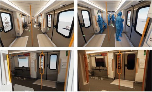 Figure 4. Proposed design without (top-left) and with passengers (top-right), during the day (bottom-left) and at night (bottom right) (Source: Stadler, published with permission).