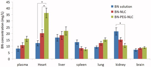 Figure 4. BN tissue concentration of heart, liver, spleen, lung, kidney, and brain at 15 min following i.v. administration of BN solution, BN-NLC, and BN-PEG-NLC in acute MI rat models. BN: baicalin; PEG: polyethylene glycol; NLC: nanostructured lipid carriers.