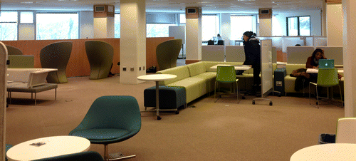 Figure 4. Various seating options in a university library can welcome both groups and solitaries. Diverse enclosure options are likely desired in outdoor seating as well.