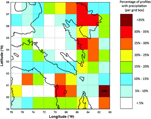 Fig. 2 Frequency distribution of vertical profiles over the southern Baffin Island region that contained precipitation near the surface. Each colour-coded grid box represents the percentage of the total number of cloud profiles that contained precipitation as described in Section 3a. See Fig. 1 for names of geographic features.