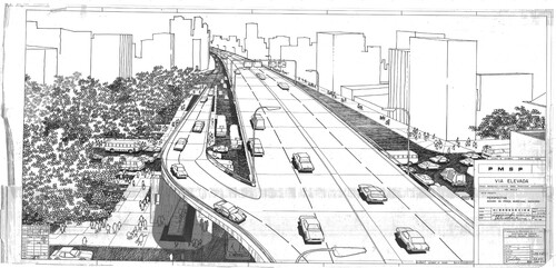 Figure 2: Prefeitura Municipal de São Paulo, Elevado Costa e Silva, perspective drawing of the Praça Marechal Deodoro access, September 1969. Acervo de projetos da Superintendência de Projetos Viários—Secretaria de Serviços e Obras—PROJ 4. Reproduced with the permission of the Prefeitura Municipal de São Paulo.