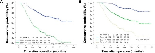 Figure 2 Kaplan–Meier analysis of overall survival, according to risk prognostic score from Model A (two classes, A) and Model B (three classes, B).