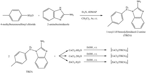 Figure 1. Synthesis of TBZA and its Co(II), Cu(II), and Zn(II) complexes.