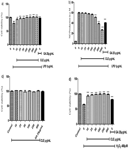 Figure 2. The effect of CLE on LPS-induced cell viability, proliferation and NO production. (a) Cell viability of RAW 264.7, cells treated with different concentrations of CLE with 1 μg/mL LPS. (b) The inhibitory rate of NO production in LPS-induced RAW 264.7 of CLE. Human liver cells (Hep G2) were treated with CLE for 24 h in the presence or absence of 1 μg/mL LPS. (c) Effect of CLE on Hep G2 (human liver carcinoma) cells. (d) Protective effect of CLE on Hep G2 cells against oxidative damages. Data were expressed as the mean ± SD of three separate experiments; where n = 3. *p < 0.05, **p < 0.01, ***p < 0.001 compared to the LPS or H2O2-treated group.