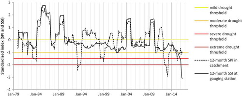 Figure 3. Temporal evolution of drought for the catchment upstream of the Morada Nova gauging station. SPI is based on a spatially averaged time series of monthly rainfall values for the entire catchment area. SSI values are based on a time series of streamflow observations for the Morada Nova gauging station.