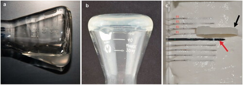 Figure 1. A demonstration of the gelling of the chitosan preparation. (a) In solution, (b) gelling after inversion, (c) photograph showing a 5-mm thick gel (black arrow) located between R1 and R2 and 5 mm from the microwave ablation needle fissure (red arrows). For interpretation of the references to colour in this figure legend, please refer to the web version of this article at informahealthcare.com.