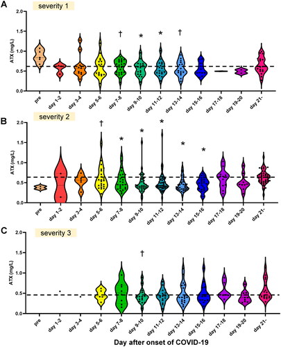 Figure 2. Associations of the time-course of the serum ATX levels with the severity of COVID-19. Associations between the serum ATX levels and severity of COVID-19 are presented. Time-course of serum ATX levels in the patients with mild COVID-19 (severity level 1) (A; n = 41), moderate COVID-19 (severity level 2) (B; n = 62) and severe COVID-19 (severity level 3) (C; n = 24). The asymptomatic patients are not included in Figure 2. Differences between the serum ATX levels measured on specified days after the onset of COVID-19 from those measured after day 21 in individual subjects were assessed by the Wilcoxon signed-rank sum test. *p < 0.01, †p < 0.05 vs. level measured after day 21. The horizontal bar represents the means of serum ATX levels measured after day 21.