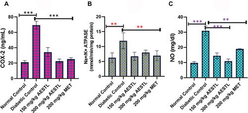 Figure 4 AESTL regulates Na+-K+-ATPase anti-inflammatory response via inhibition of COX-2/NO signaling axis in brain of streptozotocin-induced diabetic rats. Bar plots showing the effect of AESTL on the activities of cyclooxygenase-2 (COX-2), (A), Na+-K+-ATPase (B) and the level of NO (C) in brain of streptozotocin-induced diabetic. Values are mean ± SEM (n = 6). **p<0.01 or ***p<0.001.