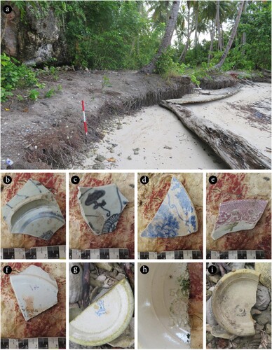 Figure 15. Kampung Tua (GAM-13), the former ‘Besir’ settlement: (a) site with midden eroding from the beach flats; (b–c) Chinese porcelain; (d–e) European glazed earthenware; (f) Thai characters on earthenware plate; (g) ‘tower mark’ from FAM Bonn, produced between 1885 and 1920; (h) impressed mark from FAM Bonn, used around 1870 to 1920; (i) crescent and star maker’s mark with ‘Made in Germany’.