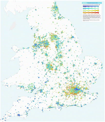 Figure 1. Household domestic energy consumption estimates in England and Wales, 2012, at the scale of 1 km2 grid cells. Cell heights show population density in 2011; densities below 10 residents per hectare are excluded. The map is available in interactive form at: http://luminocity3d.org/.