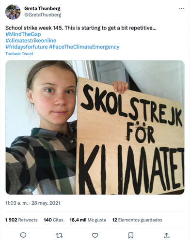 Figure 8. Greta Thunberg Tweet (included in the sample analysis): https://twitter.com/GretaThunberg/status/1398203250394996746.