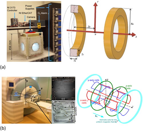Figure 4. Magnetic actuation systems that rely on a pair coil. (a) The magnetic manipulator and a 3D model of a collinear dual-coil EM setup [Citation14]. (b) Setting up an experimental MRI scanner using an acrylic box and avascular phantom (Siemens, Erlangen, Germany) and the magnetic gradient coils set configuration on Magnetom Verio is represented. For the x and y-axes, there are two sets of saddle coils, and for the z-axis, there are two sets of Maxwell coils [Citation15].
