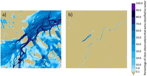 Figure 3. Demonstration of the use of water classified imagery from WOfS summarised over (a) periods of flooding and (b) periods of drought.
