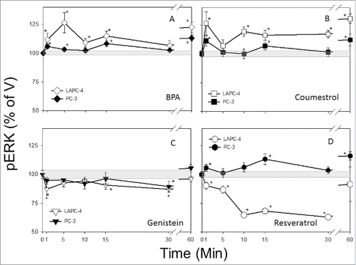 Figure 3. Phospho-ERK (pERK) levels in LAPC-4 and PC-3 cells after XE treatments. LAPC-4 and PC-3 cells were treated with 10–9M BPA, 10−7M coumestrol, 10−7M genistein, and 10−8M resveratrol. pERK was measured up to 60 min via the plate immunoassay. *denotes significance from vehicle (shown at time 0) controls at P < 0.05, and horizontal shaded bars represent the response to vehicle ± SEM.