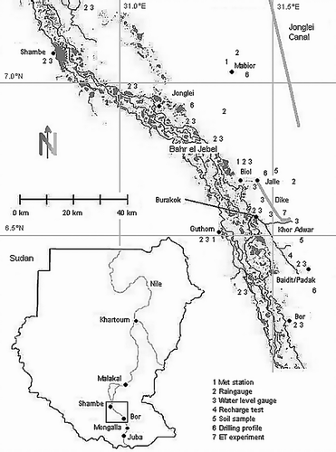 Fig. 1 Overview of the Sudd swamps between Bor and Shambe. The image shows main channels and lagoon areas.