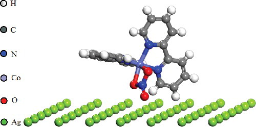 Figure 4. Geometry of [Co(bpy)2(NO3)]Cl·3H2O molecular adsorption on Ag-NPs surface.