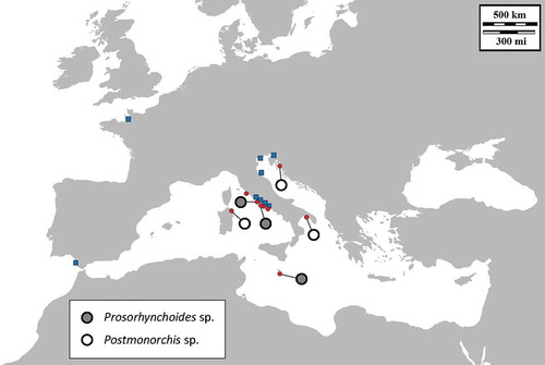 Figure 1. Map of the sampling localities of Ostrea edulis (small red circles) and Magallana gigas (blue squares). The presence of Prosorhynchoides sp. (grey circles) and Postmonorchis sp. (empty circles) is reported.