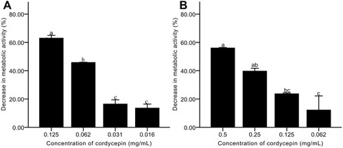 Figure 5 Effects of cordycepin on the metabolic activity of C. albicans biofilm. (A) Effects on biofilm formation; (B) Effects on mature biofilms. Error bars represent the standard deviations, and different letters represent statistical differences among bars (n = 3, P < 0.05).