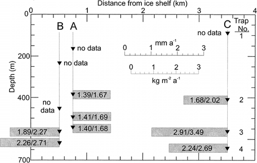 FIGURE 2. Location of the sediment traps (triangles) with respect to water depth and distance from Müller Ice Shelf front in March 1998. In each case, the sea floor was 5 m below the lowest trap. Traps are numbered from the top down as shown on the right. Bars show the accumulation of sediment in mm a−1 based on the volume of sediment in each trap at the time of recovery and kg m−2 a−1 based on a mean bulk density of 1200 kg m−3.