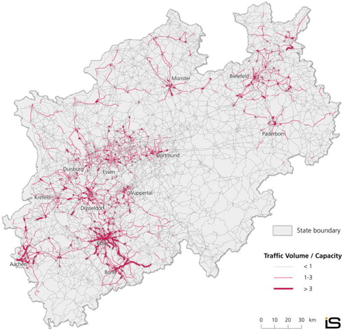 Figure 12. Map showing congestion potentials in the transport network for the state of North Rhein-Westphalia in Germany during the morning peak hour.