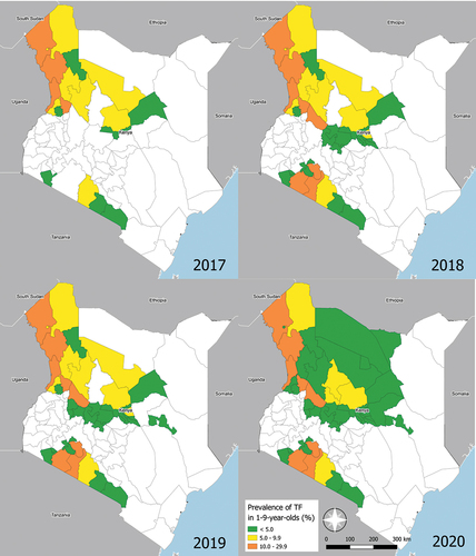 Figure 1. Adjusted prevalence of trachomatous inflammation–follicular (TF) in Kenya. Counties coloured in white were not surveyed. The boundaries and names indicated and the designations used on this map do not imply the expression of any opinion of any kind on the part of the authors, or the institutions with which they are affiliated, concerning the legal status of a country, territory, city or region or its authorities, or concerning the delimitation of its borders.