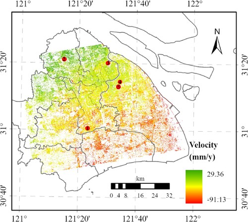Figure 6. Ground vertical subsidence velocity map of Shanghai Metro area.