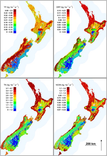 Figure 3. Spatial distribution of predicted natural yields of TN, NO3-N, TP and DRP derived from the ANCOVA models All 560,000 segments making up the digital river network are shown. Colour scales differ by nutrient variable and divide the range in predicted values into quantiles.