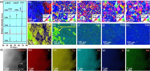 Figure 1. (a) XRD patterns of TiNbZrTaHf alloys with different Ti contents; Inverse pole figures from EBSD of Ti20 (b), Ti30 (c), Ti40 (d), Ti50 (e) and Ti60 (f), and the corresponding local misorientation maps (g-k); (l) HAADF image and (m-q) corresponding STEM-EDX elemental distribution maps from Ti30 alloy after recrystallisation annealing at 1073 K, inset in (l) is corresponding SAED pattern along [110] direction.