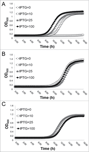 Figure 2. Growth curves of the control (A), staphylococcal yeaZ complementary strain (B), and E. coli yeaZ complementary strain (C) in TSB at 37°C.