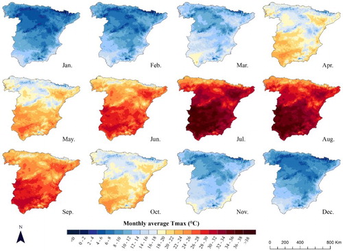 Figure 5. Spatial variability of the average monthly Tmax during 2010.