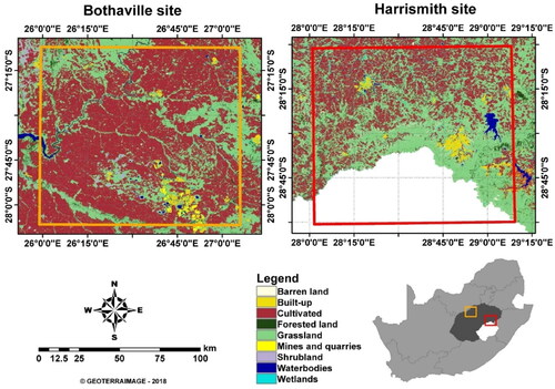 Figure 2. Land cover types and locations of Bothaville (orange), and Harrismith (red), in Free State province (dark grey), South Africa. Study area map adopted from Kganyago et al. (Citation2021).