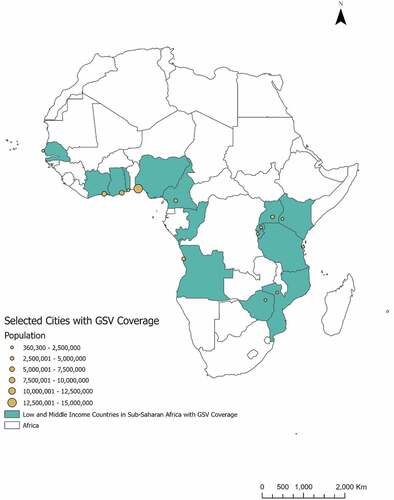 Figure 2. Metropolises with populations over 300,000 in 2020 in low- and middle-income sub-Saharan African countries where Google Street View imagery is available (sources: city populations: UN Habitat Global Database of Metropolises 2020, country boundaries: Planet; World Bank country classification, 2021; (Google, Citation2023)).