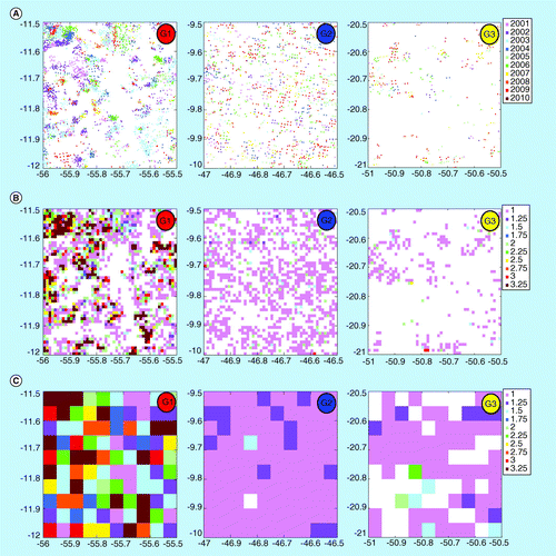 Figure 2.  Fire persistence in representative deforestation, savanna and agricultural regions. (A) Fire locations and years as measured by Terra Moderate resolution Imaging Spectroradiometer at the native resolution (approximately 1 km) of the active fire product. (B) Mean annual fire days in each 0.01° × 0.01° pixel. (C) All-year mean fire persistence: the mean annual fire days in each fire location averaged over each 0.05° × 0.05° grid cell. The locations of these three regions (G1–G3) are shown in Figure 1.G1: Deforestation region; G2: Savanna region; G3: Agricultural region.