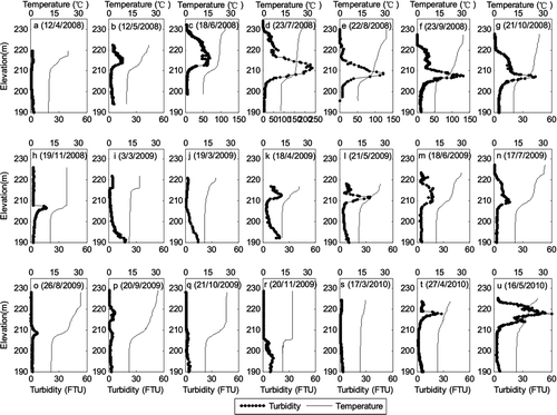 Figure 5 Profiles of temperature and turbidity in the lacustrine zone (S8).