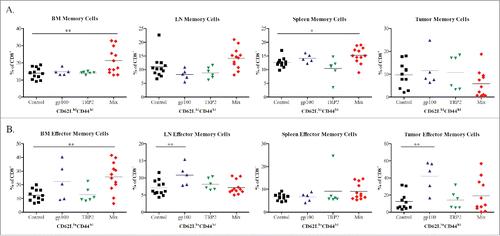 Figure 3. Phenotypic analysis of CD8 memory T cell subsets following vaccination with mRNA electroporated DCs. Melanoma-bearing ret transgenic mice were vaccinated three times at weekly intervals with BMDCs electroporated with 10–20 μg transcribed mRNA of gp100 (n = 5), TRP-2 (n = 6), Mix construct combinations (n = 12) or empty construct (Control group, n = 12). 10 d after the last vaccination melanoma lesions (skin tumors and metastatic LN), BM, and spleens were analyzed by flow cytometry. CD8+ CD62L+CD44hi central memory (A) and CD8+ CD62L-CD44hi effector memory (B) T cells were shown as the percentage of respective cells among total CD8+ T cells. *p <0.05, **p <0.01, ***p <0.001.