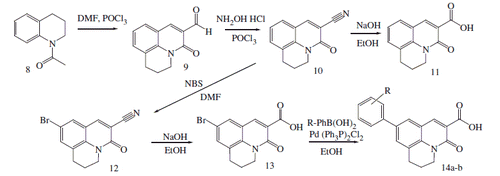 Scheme 3. Synthesis of 5-oxo-2,3-dihydro-1H,5H-pyrido[3,2,1-ij]quinoline-6-carboxylic acid derivatives.